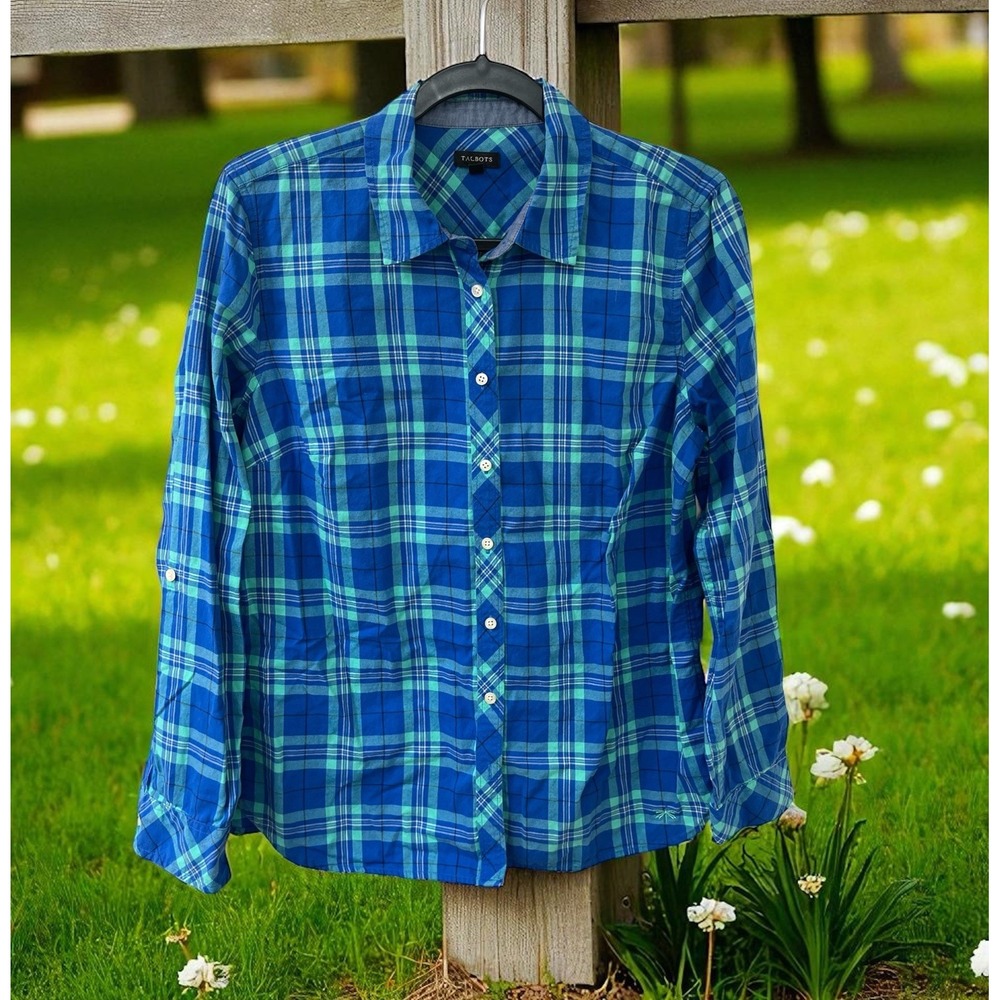 Talbots Women's Button-up Long Sleeve Cotton Shirt Size Large Blue Green Plaid